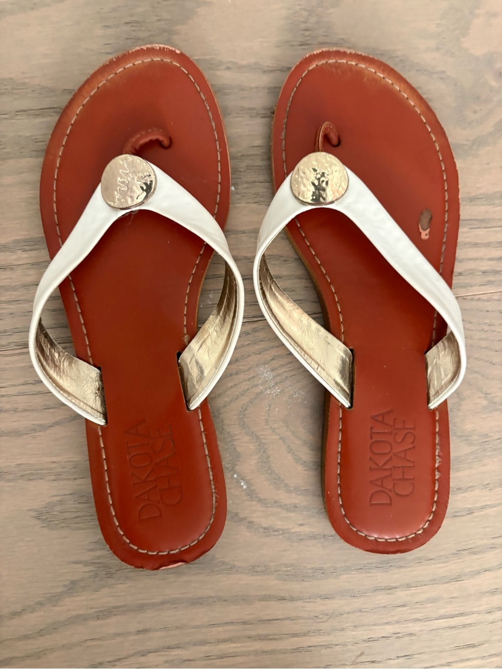 White and Tan Leather Thong Sandals with Gold Accent